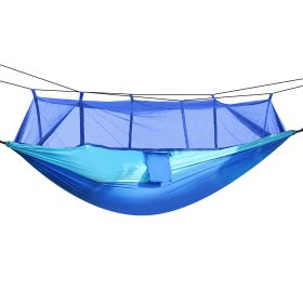 600lbs Load 2 Persons Hammock w/Mosquito Net Outdoor Hiking Camping Hommock Portable Nylon Swing Hanging Bed w/ Strap Hook Carry Bag (Color: Blue)