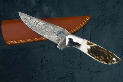 Damascus Steel Outdoor Knife | Antler Handle | Faneema Cutlery (Title: Default Title)