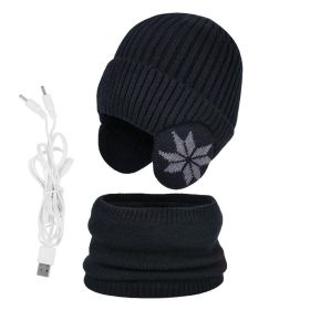 2 in 1 Winter Knitted Cap Neck Warmer USB Heated Beanie Hat Scarf Outdoor Cold Weather Rechargeable Heated Knitting Beanies (Color: black)